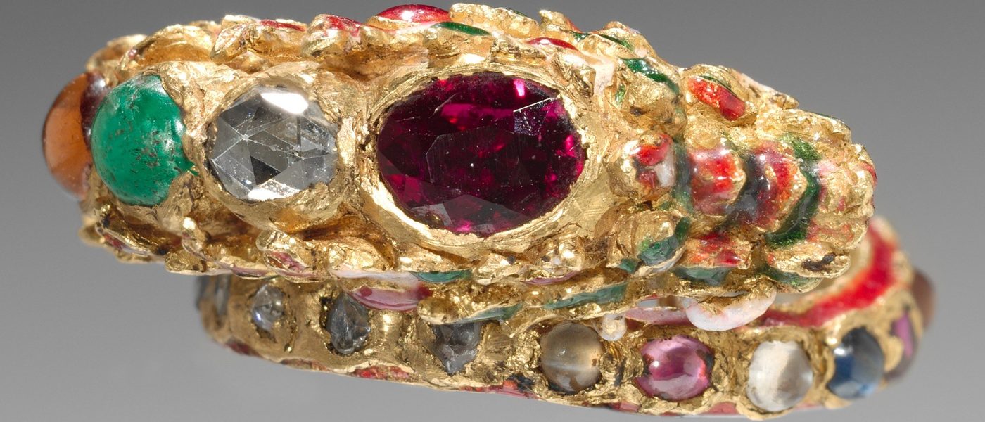 Detail of an antique gem-set gold ring with emerald, ruby and diamonds, India or Burma, Cleveland Museum of Art